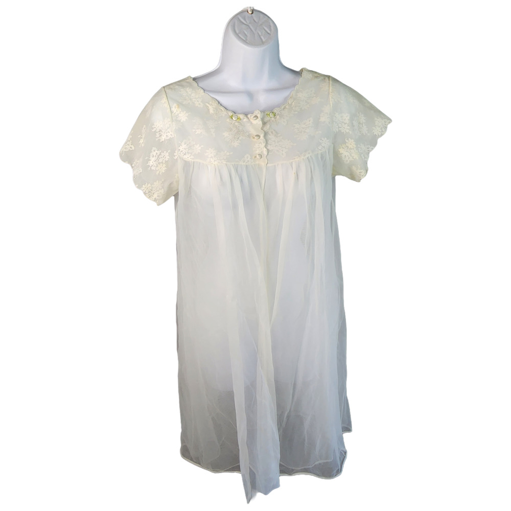 Vintage Radcliffe Peignoir Babydoll Negligee Nightgown Petite Ivory Nylon Lace